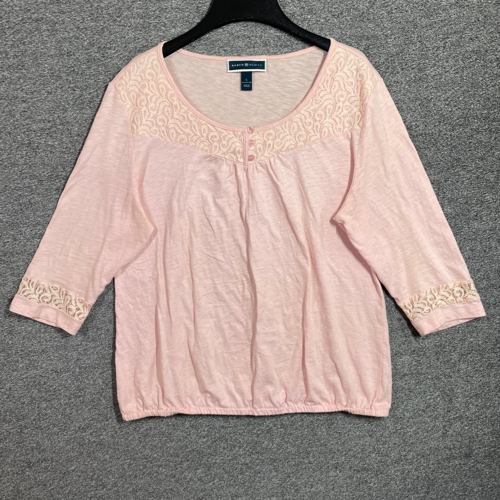 Karen Scott Blouse Womens L Pink Cotton Lace Trim 3/4 Sleeve‎ Bubble Hem